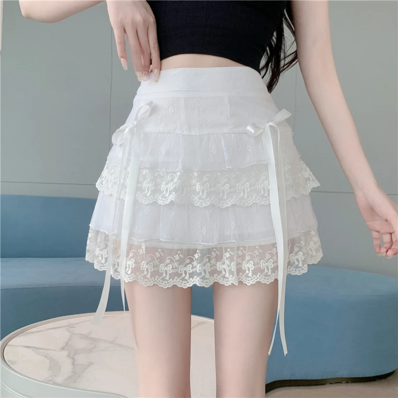 

Elegant Lace Patchwork Women Skirts High Waist Sweet Japan Bow Lace Up Ball Gown Mini Skirt White Summer Girl Dance Skirt