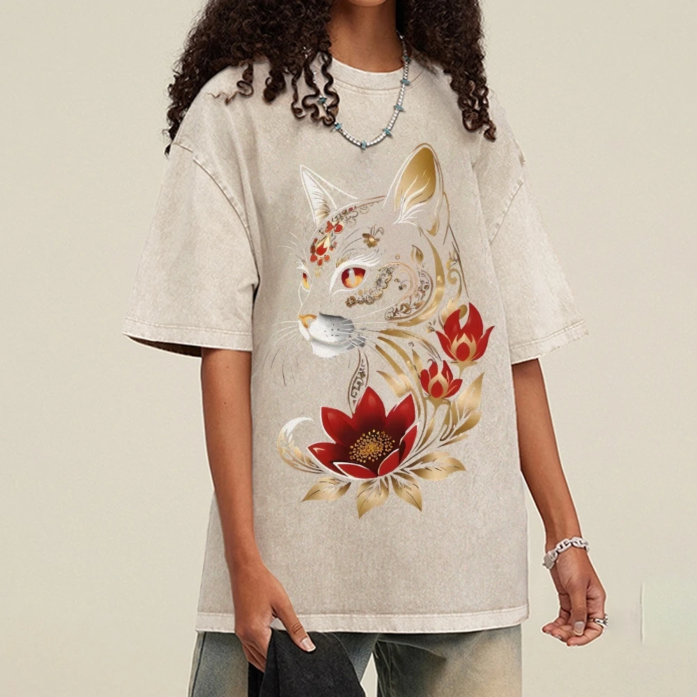 Koszulka Graficzna Ozdobny Kot Kwiatowy Złoty Nadruk Artystyczne Zwierzę Czysta Bawełna Codzienna Odzież Modny Boho Design Y2k Atmosfera Tee