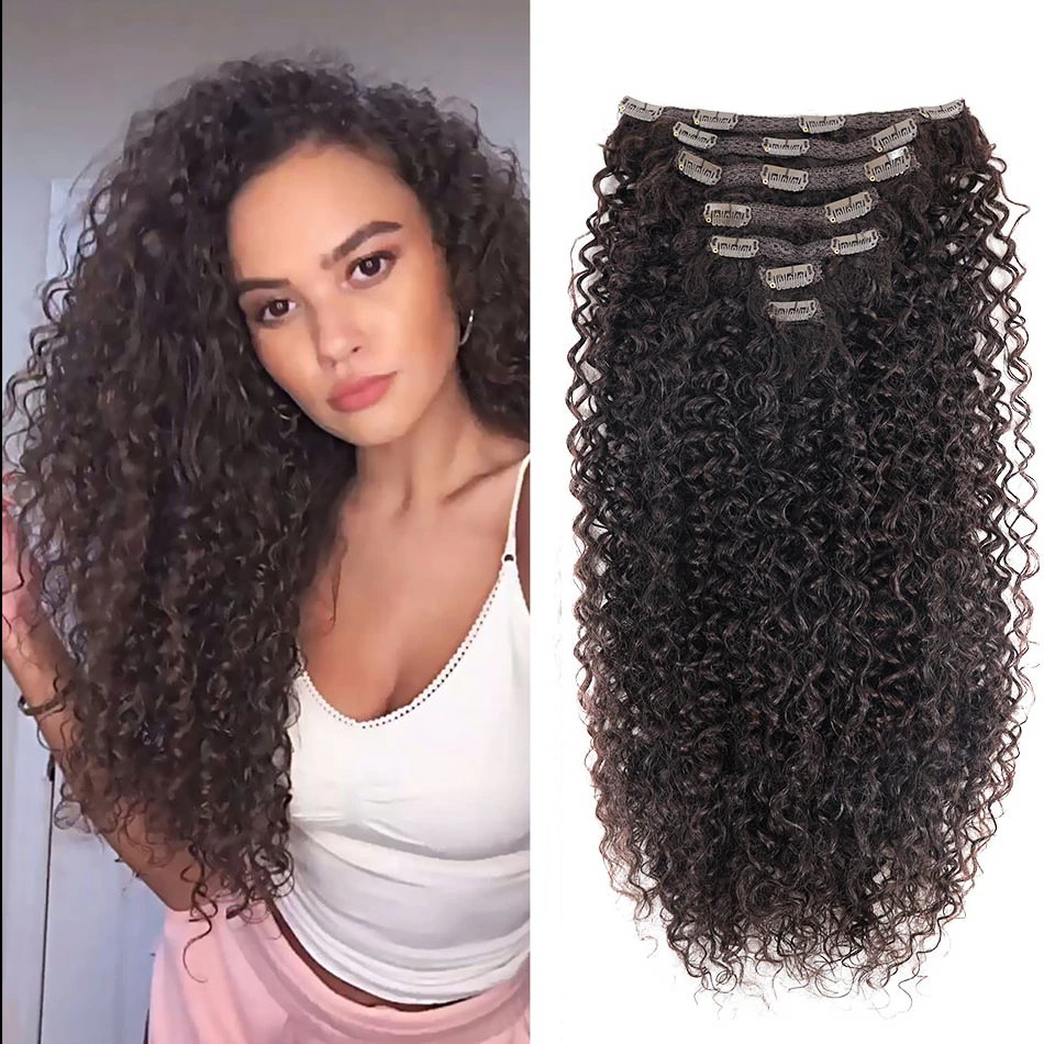 Synthetic Curly Clip In Hair Extensions Kinky Curly Hairpieces  Clip-On Full Head  Fake Pieces Black Brown Hair For Woman