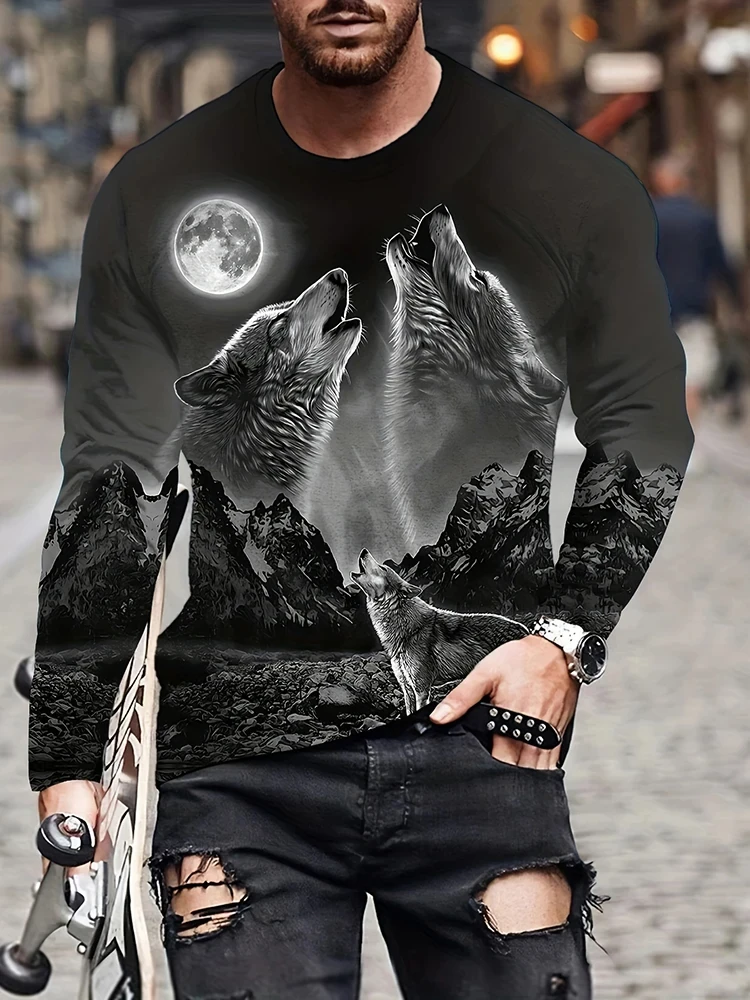 Vintage Animal Print Timber Wolf 3D Printed Autumn Men\'s Long Sleeves T-shirt Casual Fashion Oversized Trendy Men\'s Clothing