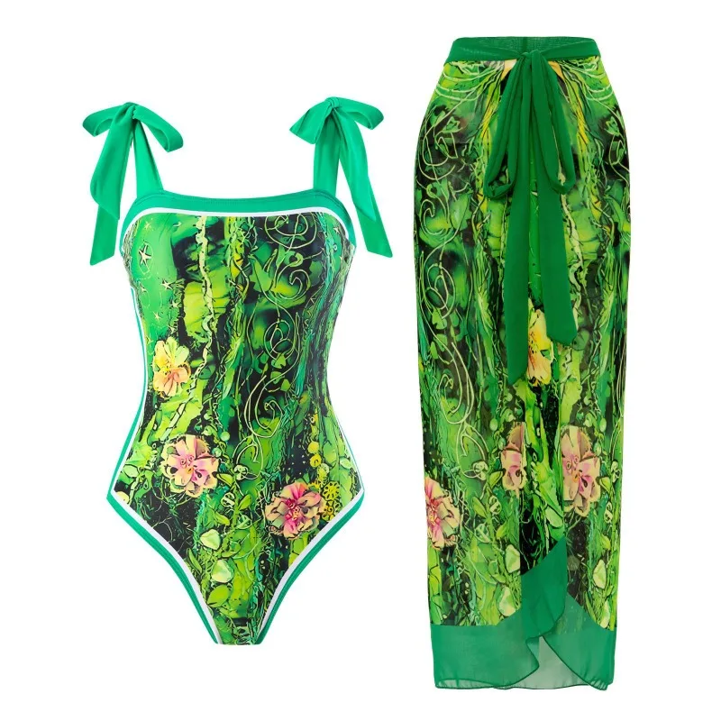 Traje de baño de una pieza para mujer con falda envolvente para cubrir la playa Traje de baño de dos piezas con control de barriga y estampado vintage Monokini