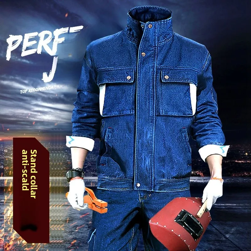 Completo da Lavoro in Denim di Puro Cotone Rinforzato per Saldatura, Set con Top a Collo Alto e Pantaloni, Protezione per le Mani, Tuta da Lavoro da Uomo