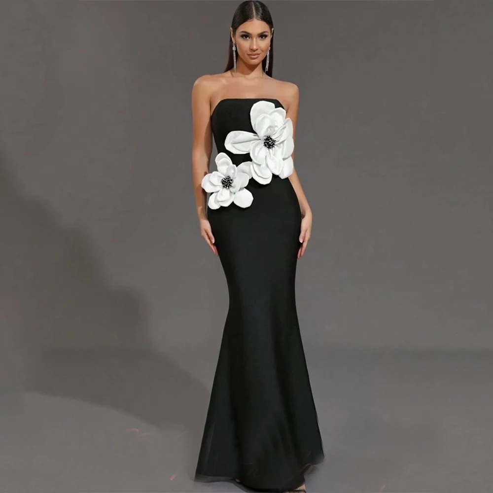 

Customized Exquisite Charmeuse Handmade Flower Rhinestone Trumpet Strapless Long Dresses Bespoke Occasion Dresses Formal Fashion