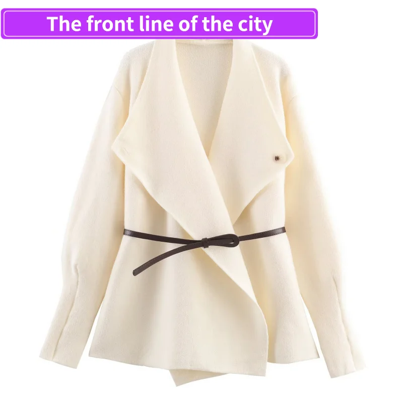 

Faionable Loose Leather Jaet Women's Autumn Sle lectual Belted Knitted Long Sve Coat with Hood Regular Fit