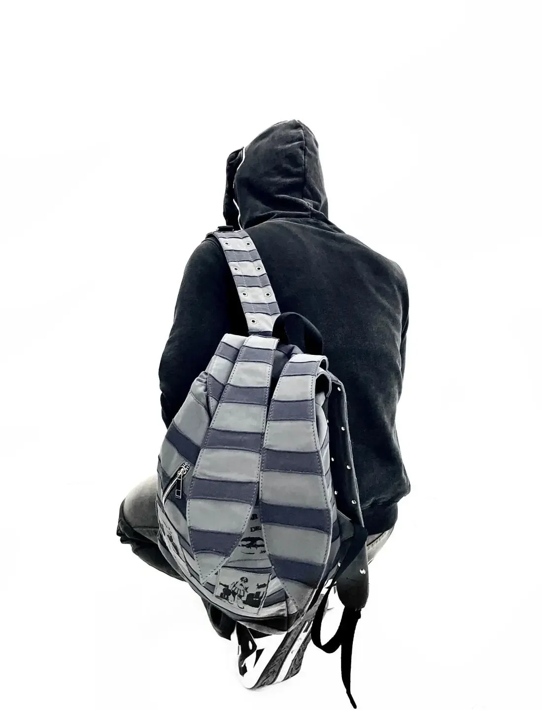 

Punk Rock Subculture Patch Printed Backpacks Striped Splicing Rabbit Ears Backpack