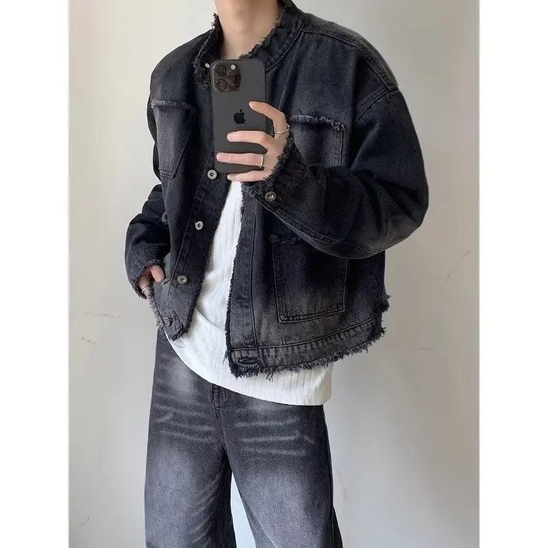 

Autumn Winter Men's Oversized Denim Jaet oulder Pads Casual Vintage Frayed Hem ort Coat adual Design Sensation