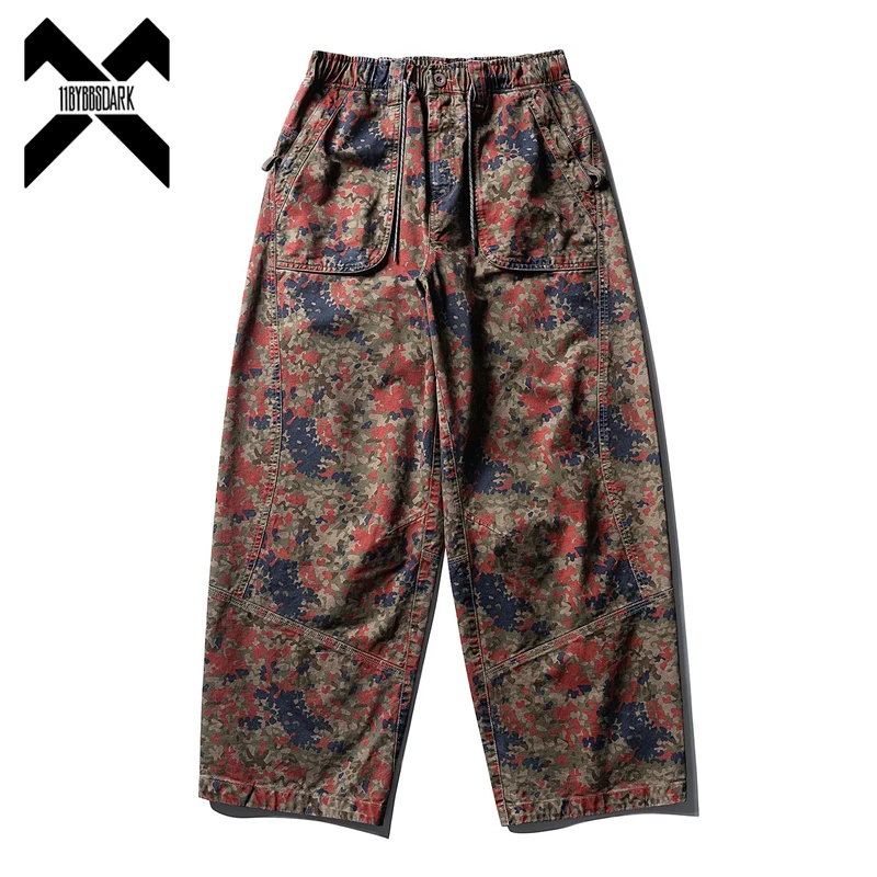Men Loose Wide Leg Pants Vintage Camouflage Trousers 100% Cotton Elastic Waist Casual Workwear Cargo Pants