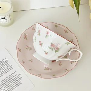 Kaninchenrosa Vintage -Druckkaffeetasse und Untertasse, Keramikbecher, Nachmittagstee der Mädchen, süß, Französisch 10 Hauptverkäufe von Xicaras und Pires - №5