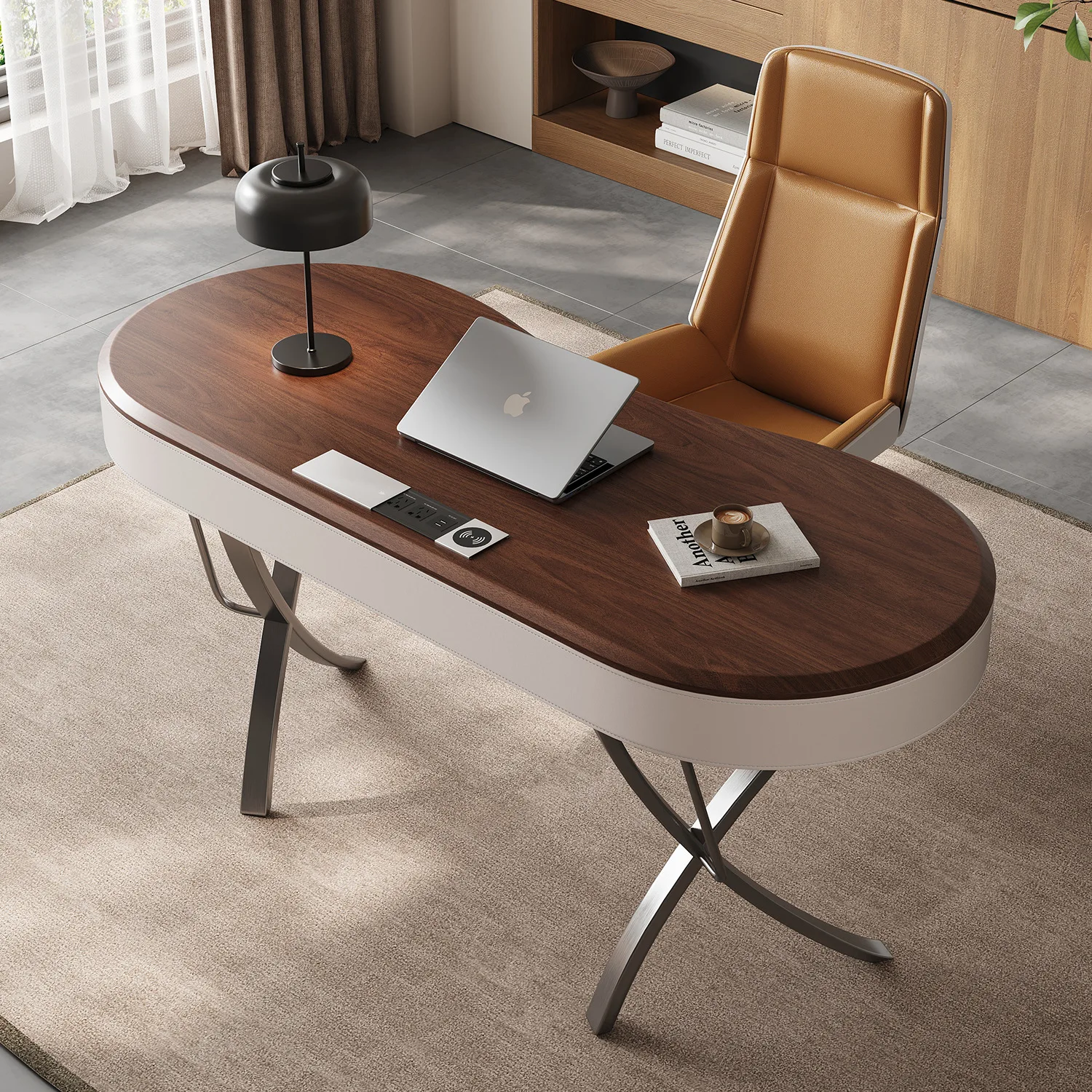 Italienischer Luxus-Schreibtisch aus Edelstahl und Massivholz, minimalistischer Schreibtisch für das Arbeitszimmer, Walnuss-Oberfläche, moderner Computer-Schreibtisch im modischen Design.