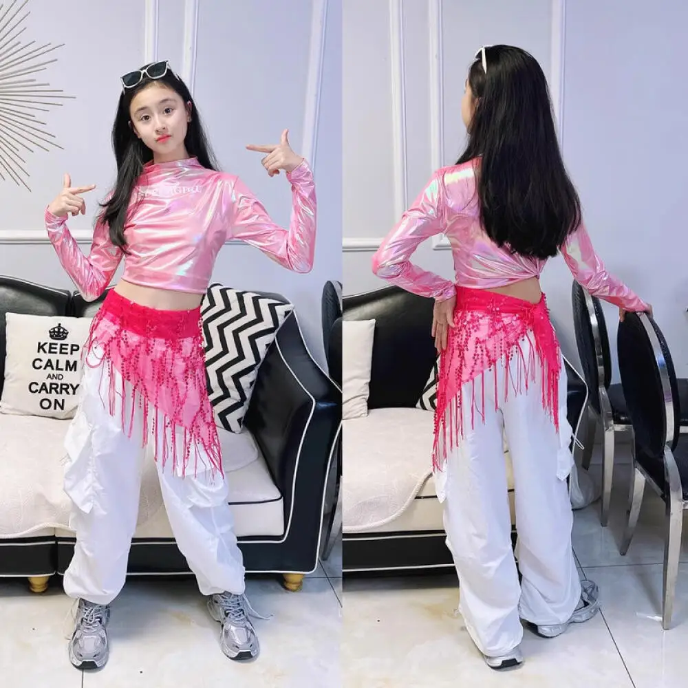 LOlanta Metallic Dance Tops for Girls Long Sleeve Cropped Top Shiny Hip Hop Party Holographic Shirt Dancewear 6-14Years view 6