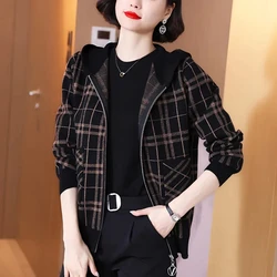 2023 Autumn New Middle-aged Mother Cardigan Sweater Fashion Hooded Plaid Zipper Knitted Coat Women Casual Knitting Cardigan Tops