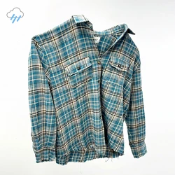 Hip Hop Damage Hem Tassels Vintage Washed Shirt Men Women Couple Heavy Fabric Flannel Cotton Plaid Shirts Streetwear Tops