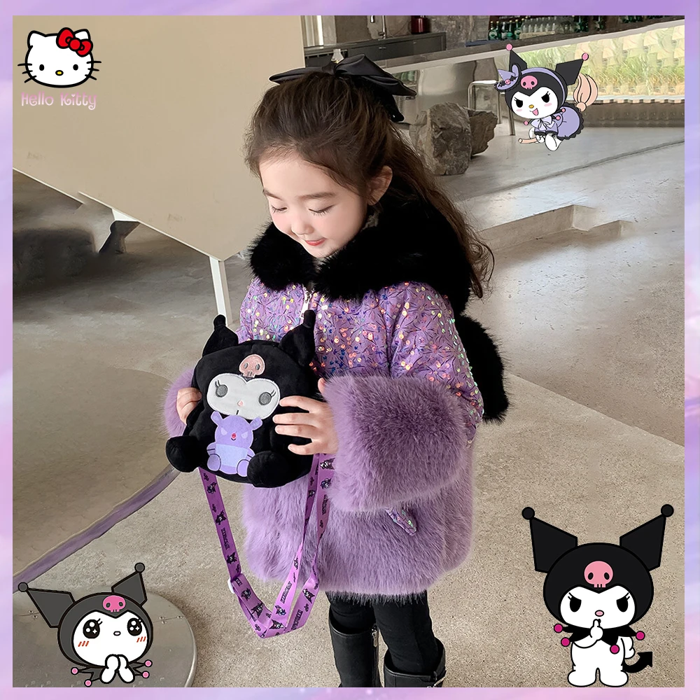 

Anime Sanrioed Kuromi Girls Plush Winter Sequin Hooded Jacket Kids Parka Clothes Soft Plushie Coat Snow Wear Outerwear Xmas Gift