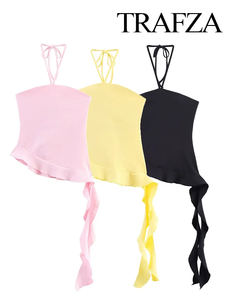 

TRAFZA Woman Fashion Backless Asymmetry Laminated Decoration Neck Halter Texture Tops Women Summer Sexy Sleeveless Solid Tops