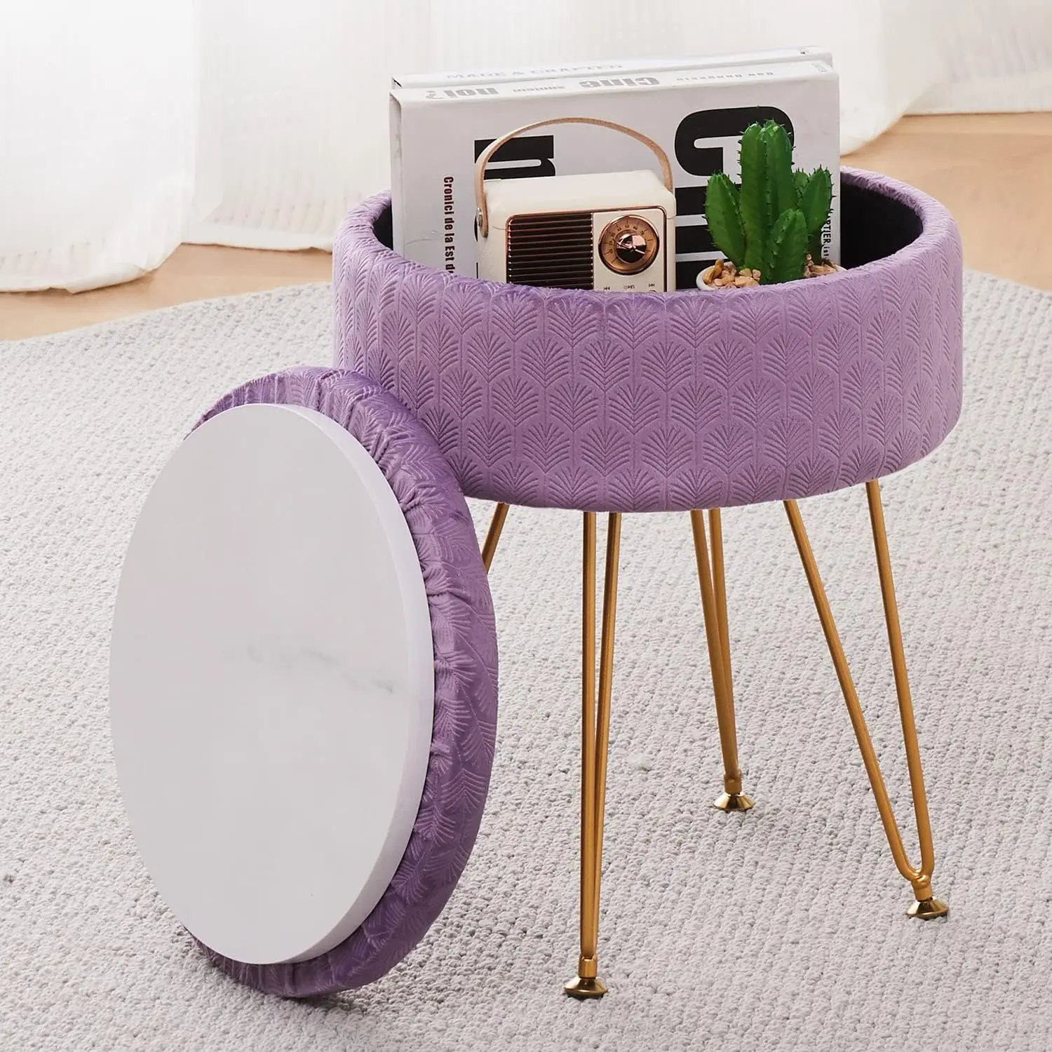 

Footrest Footstools Round Velvet Ottoman With Storage Space Soft Vanity Chair With Memory Foam Seat Small Side Table Hallway