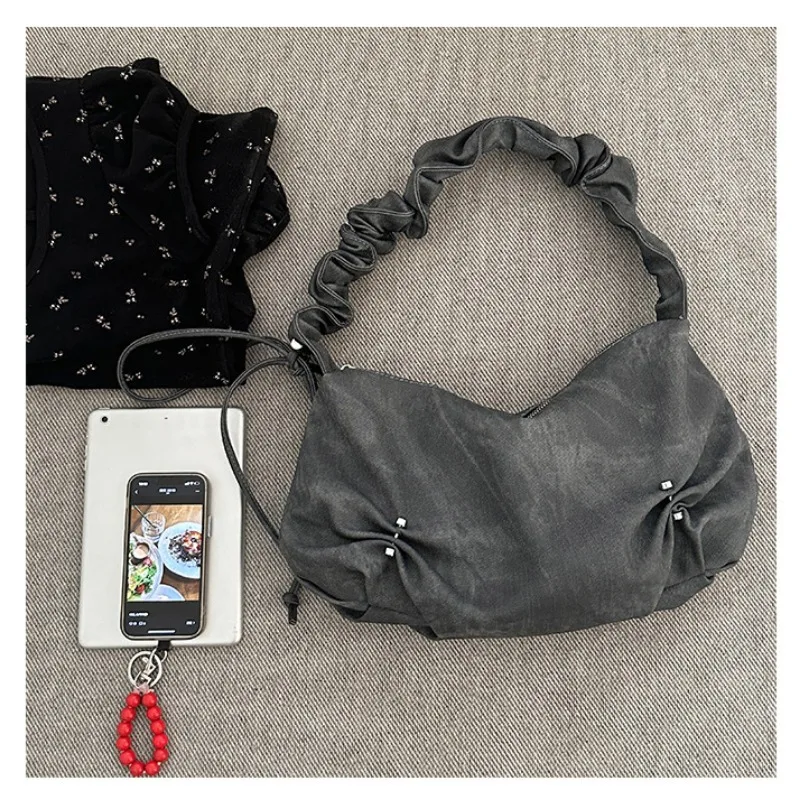 Xiuya Pleated Fashion Womens Shoulder Bag Aesthetic Drawstring Gentle Hobos Bag Literary Leather Female Luxury Designer Handbags