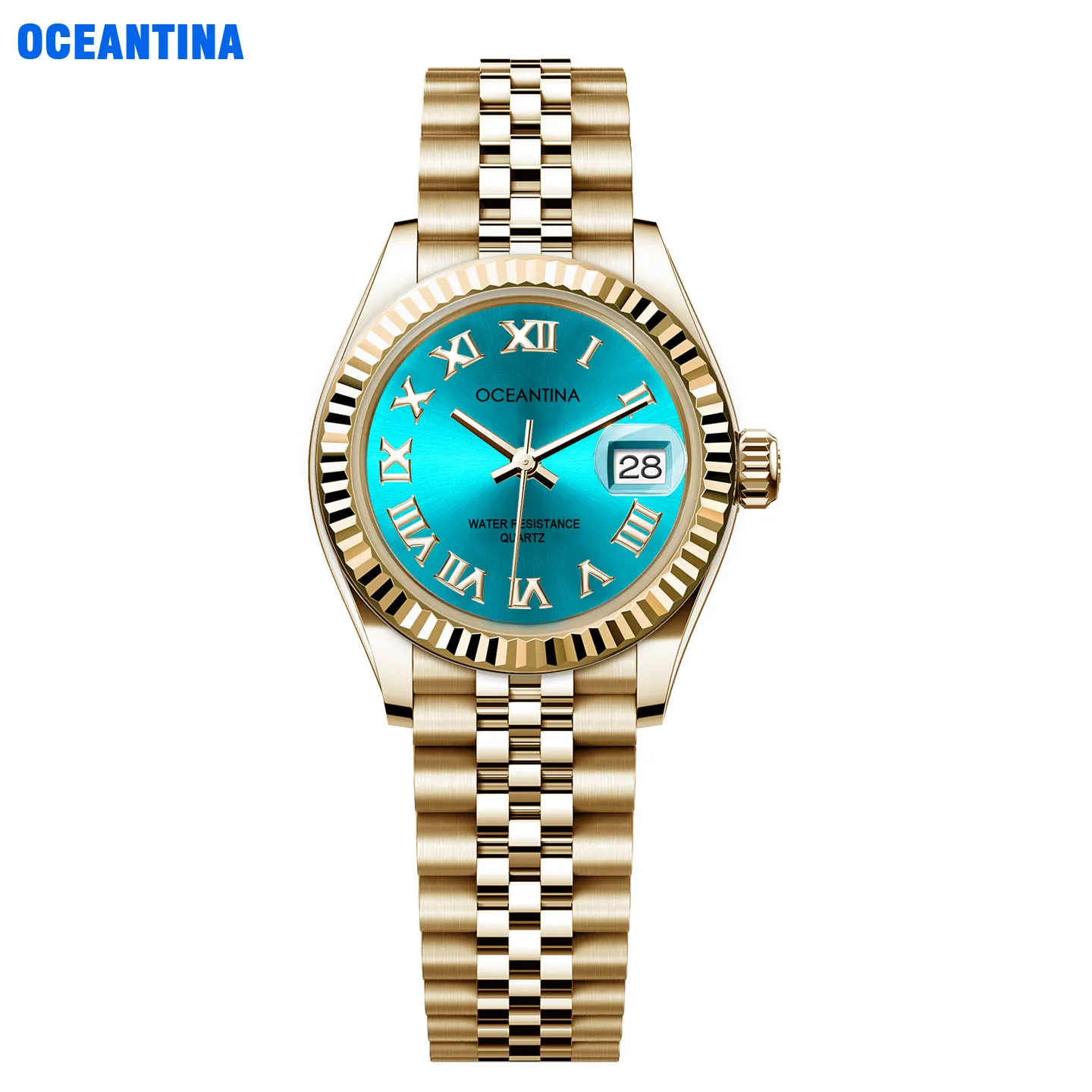 Gold Plated Stainless Steel Case Women Watch Japan Movement Sunray Dial Bracelet 3ATM Luxury Wrist Watch Lady Gift  Date Window