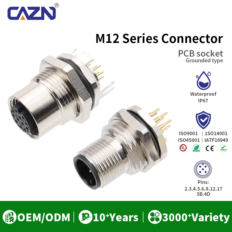 M12 PCB Socket Grounded Male Female Rear Panel Mount 2 3 4 5 6 8 12 17 Pin  PG9 IP67 waterproof for Railway & Transit Systems