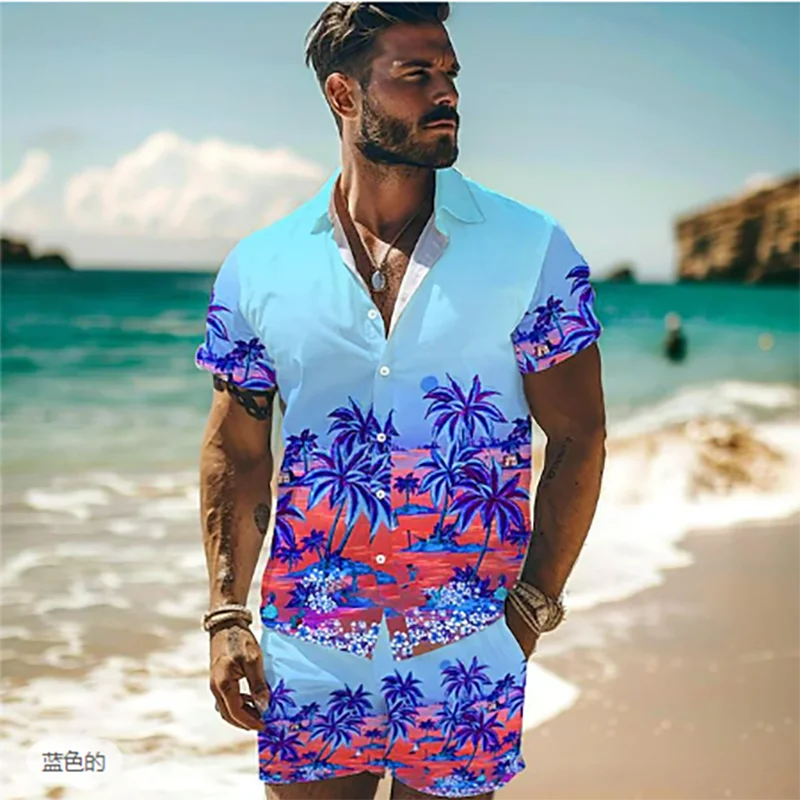 Palm Tree Tropical Men\'s Degree 3D Printed Hawaiian Shirt and Shorts Set