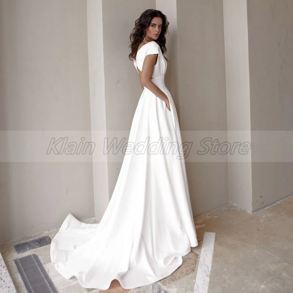 Customized Modest V-Neck Civil Wedding Dress With Slit For Women Simple Cap Sleeve Sweep Train A Line Bridal Gown Pockets Custom