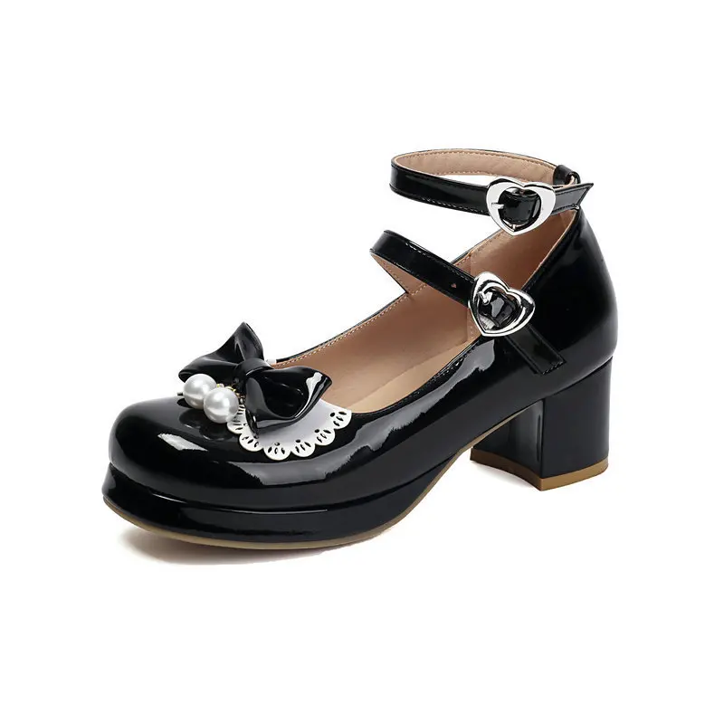 Patent Leather Mary Jane Women Pumps Pearl Bow Pink One Strap Mid Chunky Heel Plus Size Shoes