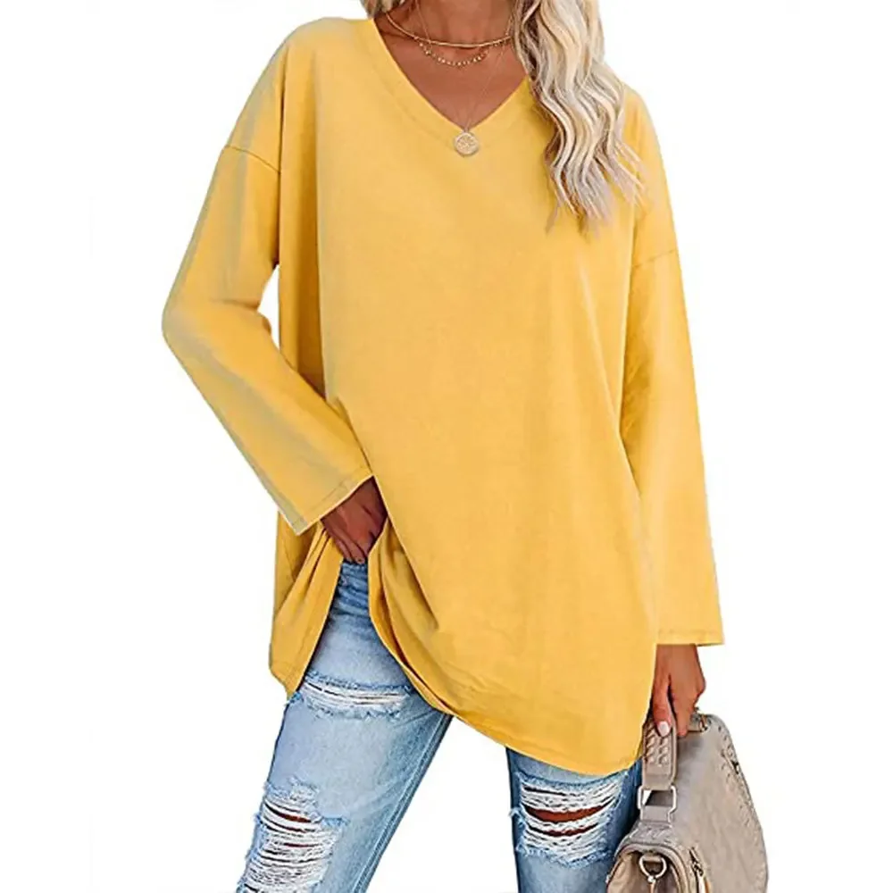 Customizable Loose Long Sleeve Fashion V-neck Knit Top Large Plus Size Tops Women Autumn Summer Solid Blouse Long Sleeve V Neck