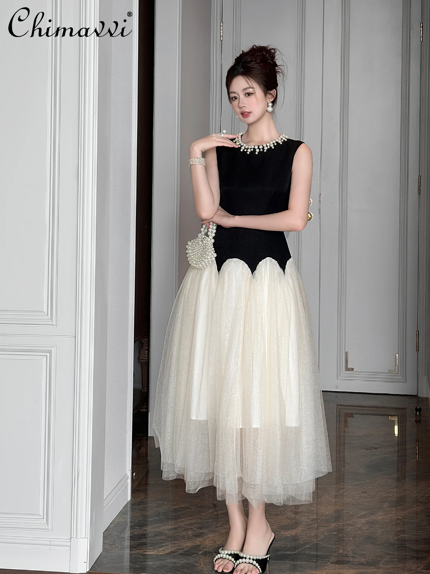 French Elegant Temperament Dress Beaded Round Neck Sleeveless High Waist Mesh Spliced A-line Socialite Long Evening Dress Women