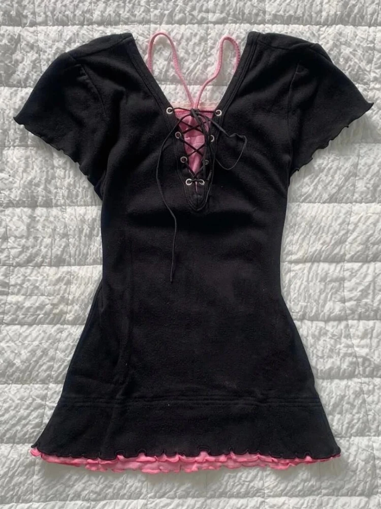 2000s escuro gótico americano vintage impressão t camisas y2k subcultura sexy falso duas peças magro manga curta camisetas harajuku casual topos