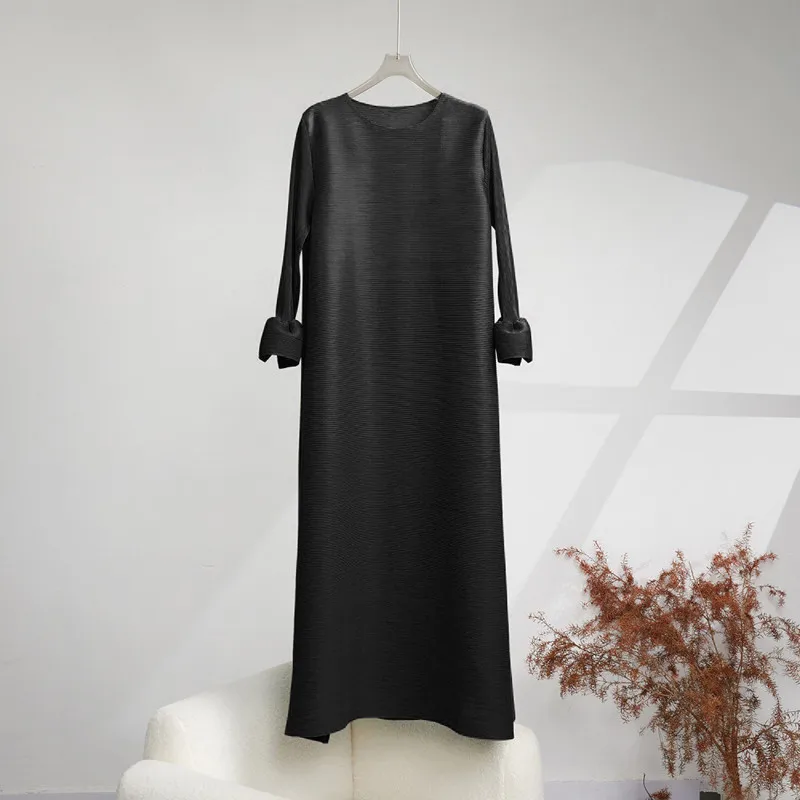 

Women Dress Long Sleeve Autumn New Round Neck Flare Sleeve Miyake Pleated Loose Stretch Solid Color