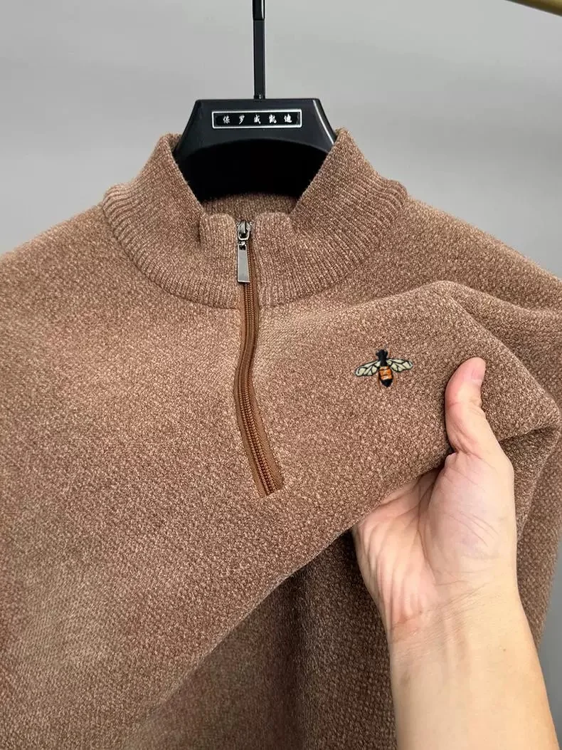 Designermarke Mode Herren Strickpullover Herbst Winter warmer Plüsch High-End-Biene bestickter Reißverschluss halb Stehkragen Pullover