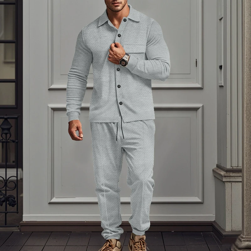 New Fashion Twill Solid Color Tracksuits Mens Autumn Long Sleeve Lapel Cargo Shirt And Pants Two Piece Sets Men Streetwear Suits