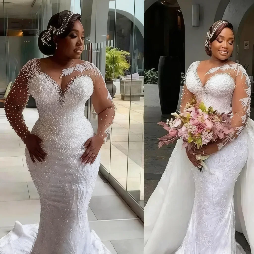 Maßgeschneiderte Luxus-Perlen Sweetheart Brautkleider Meerjungfrau-Stil mit Abnehmbarer Schleppe Brautkleid Übergröße Lange Ärmel Vestido De Noiva – Detail 3