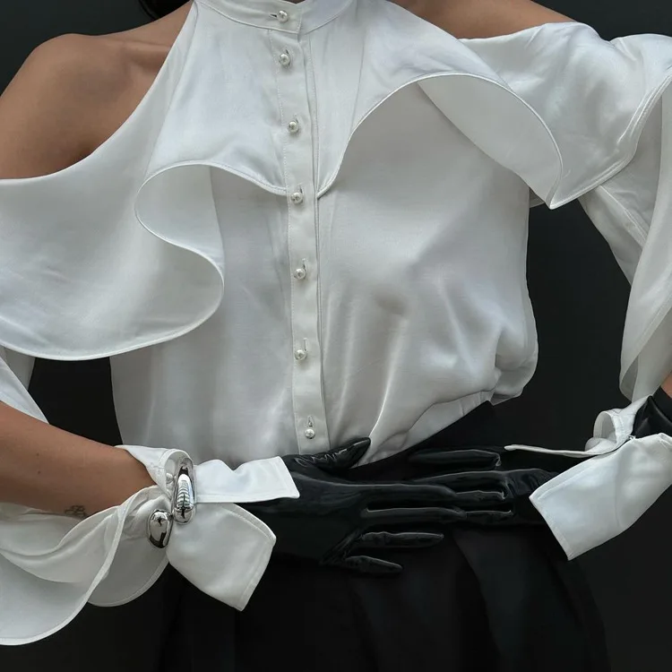 Women's Fashion Halter-Neck Top Ruffled round Neck Sleeveless Long Sleeves Casual Elegant Top in Multiple Colors