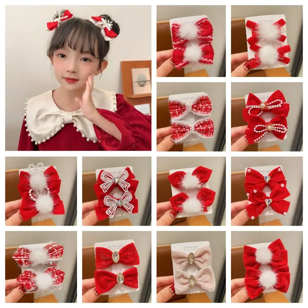 Rabbit Children Red Bow Hairpin Lovely Cloth Crown Ancient Style Hairpin Pearl Plush Chinese New Year Headwear Girls