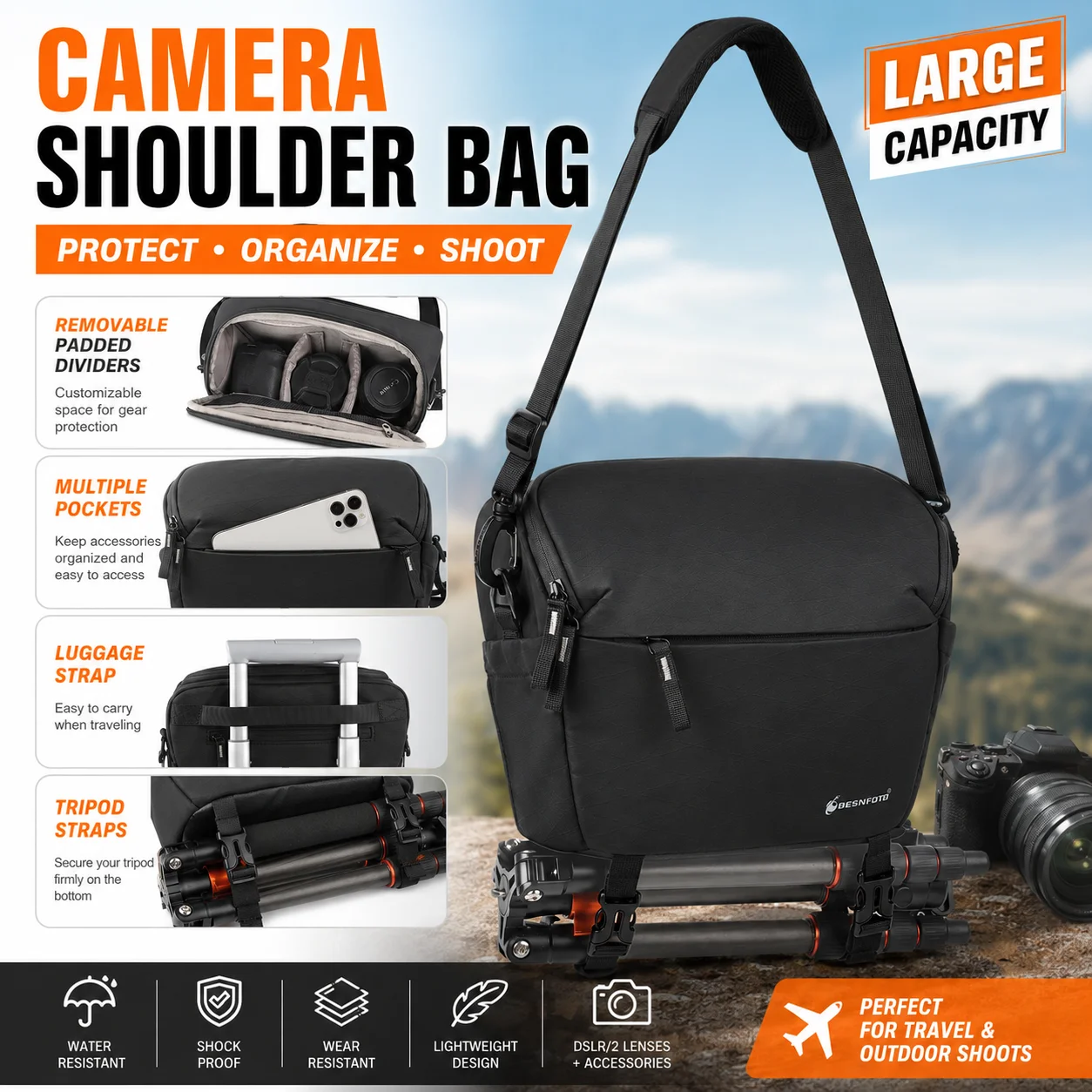 Besnfoto Camera Shoulder Bag Waterproof Anti-theft Photography Messenger Case with Tripod Strap for Sony Canon DSLR