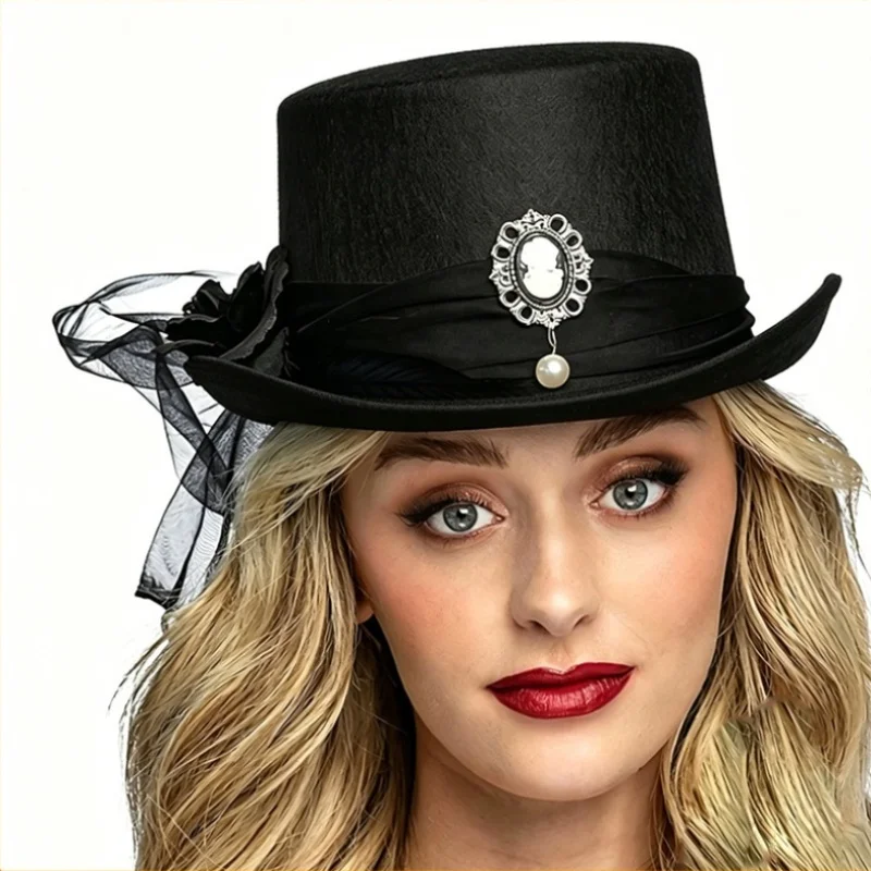 High Crowned Gothic Black Lace Top Hat Vintage Embossed Portrait Pearl Embellished Dark Themed Hat For Stage Cosplay Party