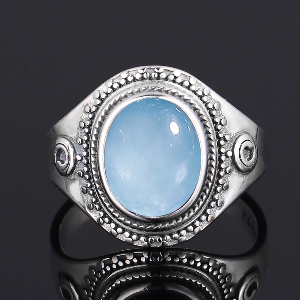 S925 Silver Ring Big Oval 8*10MM Natural Moonstone Turquoise Lapis Tiger Eye Rings for Women Gifts Fine Jewelry