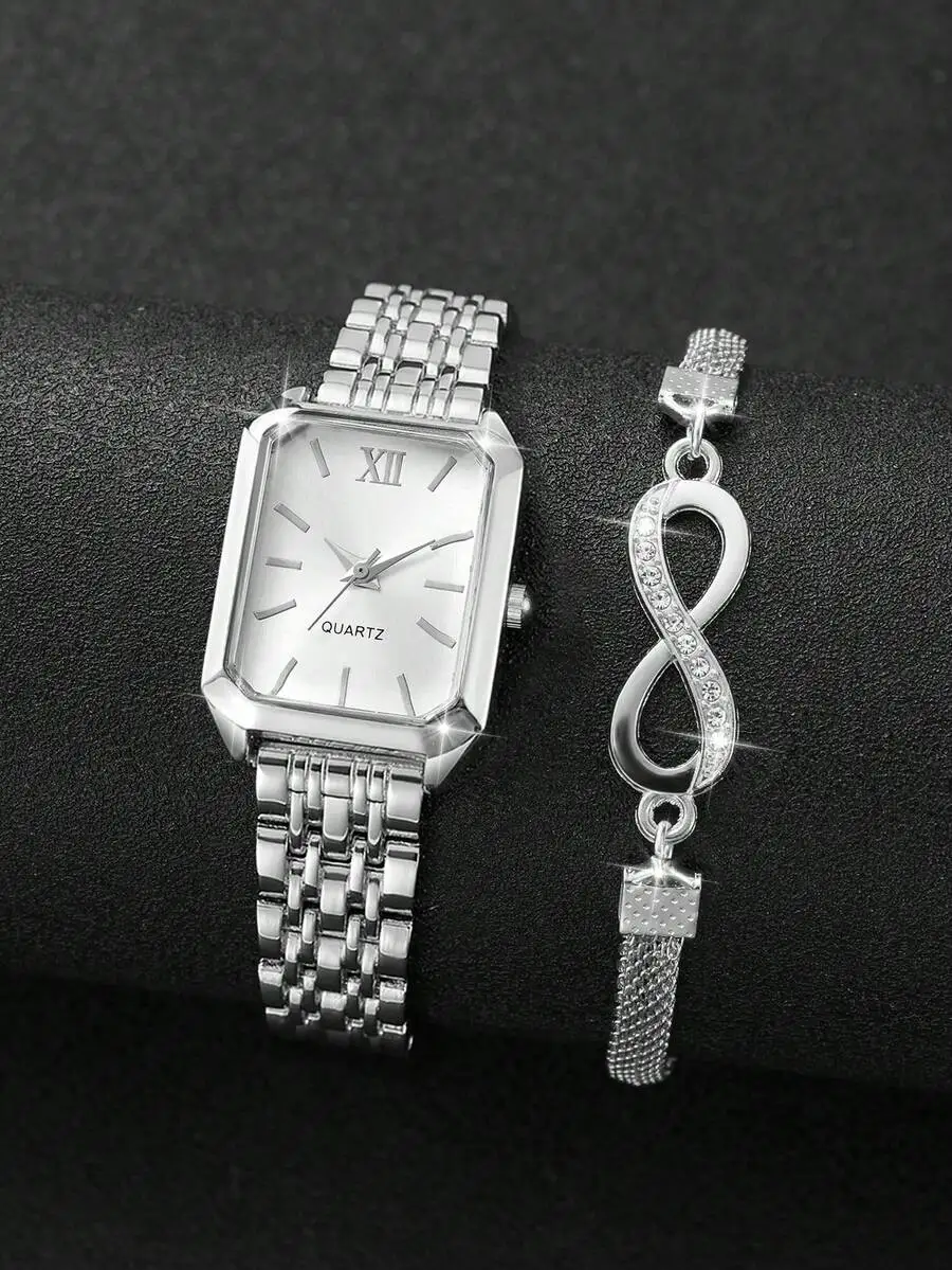 2pcs/Set Women's Fashion Casual Square Minimalist Dial Elegant Quartz Watch + Bracelet, Gift (Watch Box Not Included) view 4