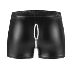 Men Sexy Open Crotch Underwear Soft Matte Leather Fetish Boxer Hip Zipper Porno Crotchless Elastic Waist Sissy Short Pants Sexi