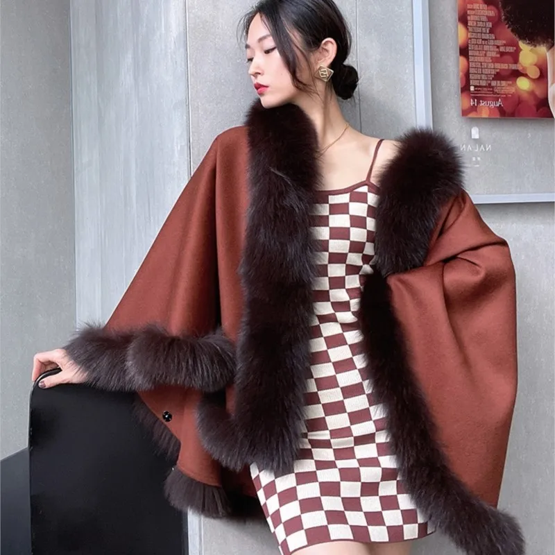 2023 Autumn Winter New cashmere cape Women's Double-Faced Woolen Fox Fur Collar Fur Cape and Shawl Coat 72CM long