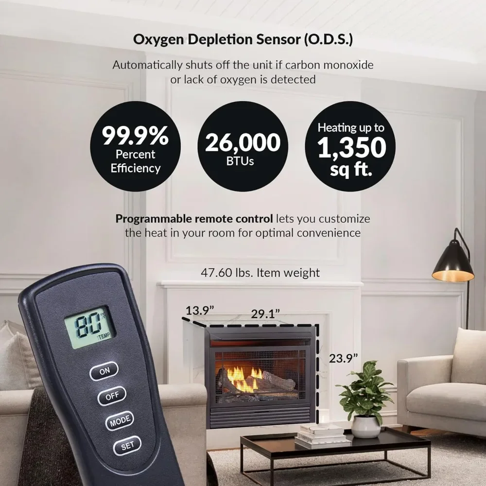 Remote Control, 5 log api, digunakan dengan Gas alami atau propana cair, 26000 BTU, memanas hingga 1350 Sq. Ft, Hitam