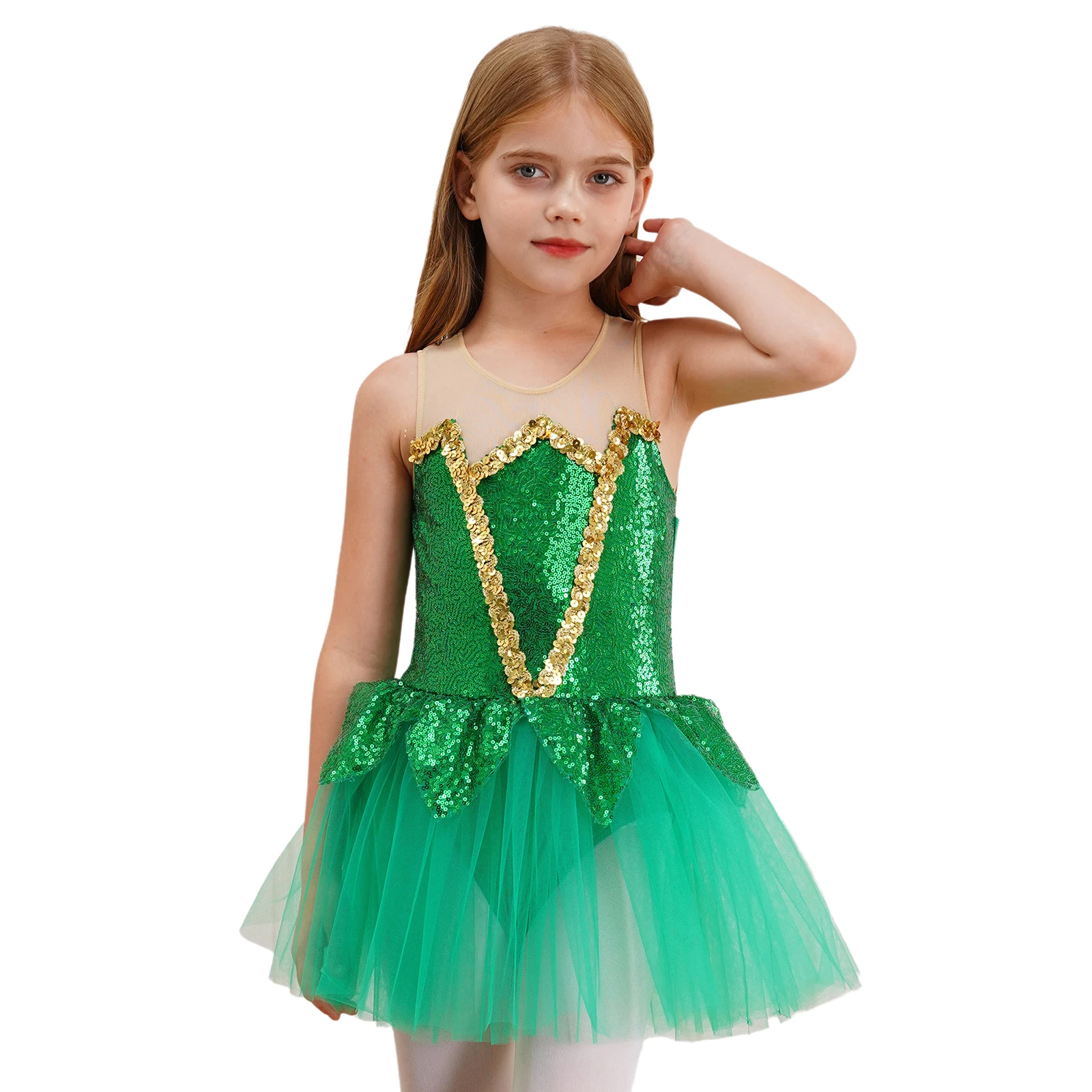 Kids Girls Ballet Dance Dress Green Sequins Halloween Elf Mesh Tutu Gymastics Leotard Figure Skating Dancewear Stage Costume