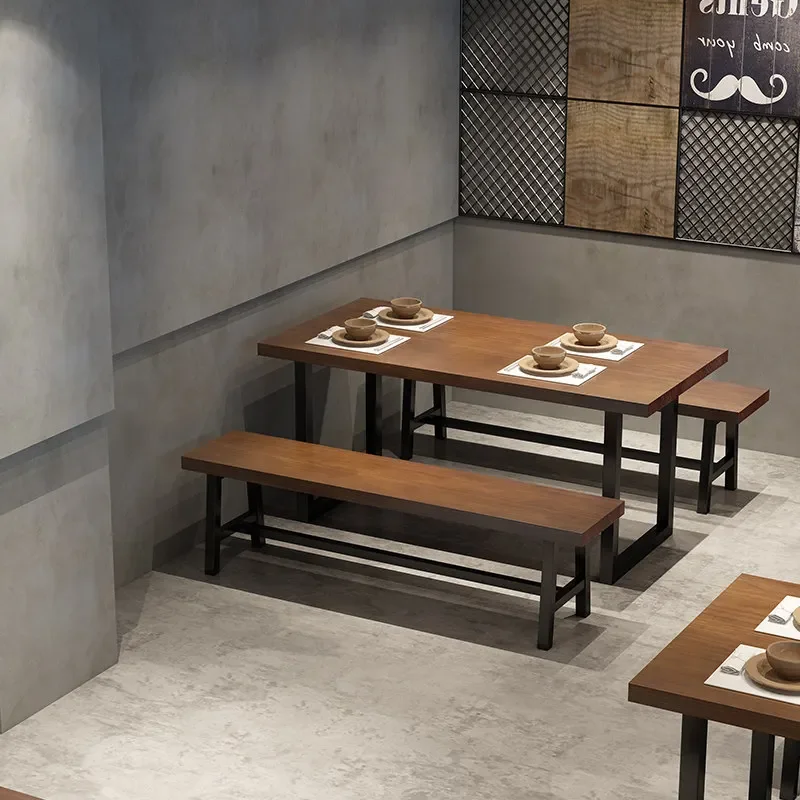 Retro industrial style restaurant bar barbecue shop solid wood dining table and chair combination commercial rectangular milk te