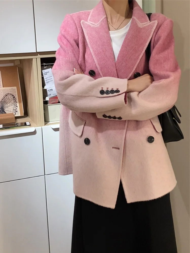 

New Short Gradient Double-sided Cashmere Wool Coat Women New Loose Double Breasted Tweed Jacket Woolen Coat Slim Autumn Winter