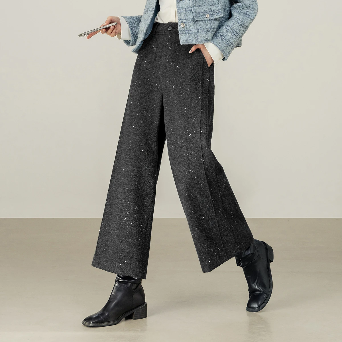 SENTUBILA Women's Wool Blend Wide Leg Cropped Pants Women 2025 Winter New Loose Soft Thick WarmAnkle-Length Trousers 154K58788