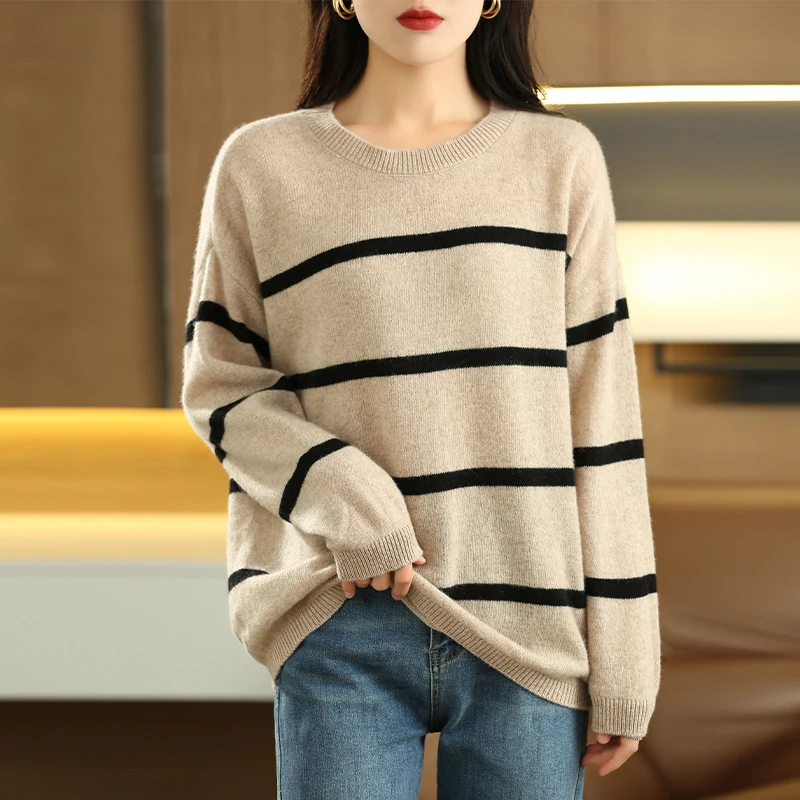 

2024 Autumn/Winter New 100% Merino Wool Sweater Woman's Korean Fashion Color blocked Knitted Pullover Women's Clothing Hot Sales