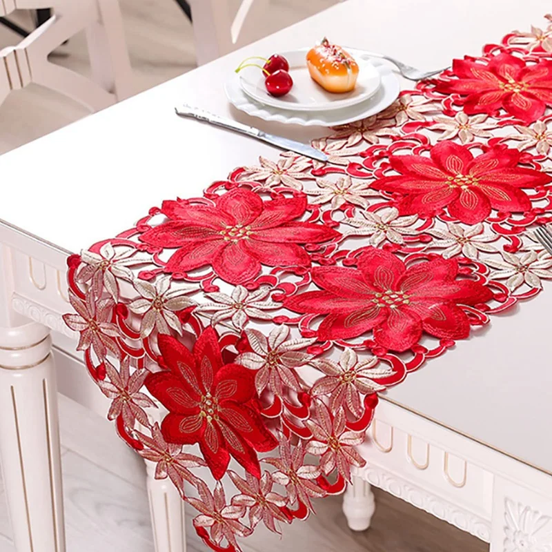 1 PCS Christmas Decorations Poinsettia Holly Leaf Embroidered Table Linens For Christmas Decorations 15 X 86 Inch