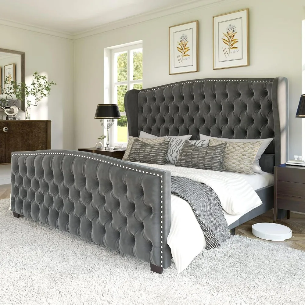 

King Size Platform Bed Frame, Velvet Upholstered Bed with Deep Button Tufted & Nailhead Trim Wingback Headboard