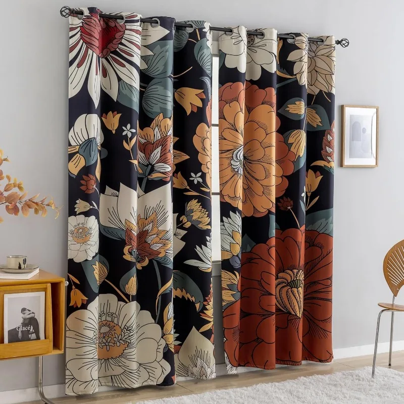 

Black Boho Floral 100% Blackout Curtains For Bedroom 84 Inch Long 2 Panels Mid Century Botanical Black Out Curtains For Living R