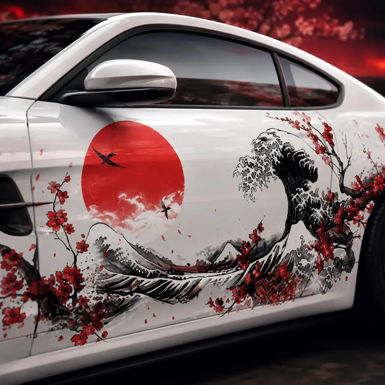 2pcs Japanese Wave Cherry Blossom Car Wrap Vinyl Decal Sticker